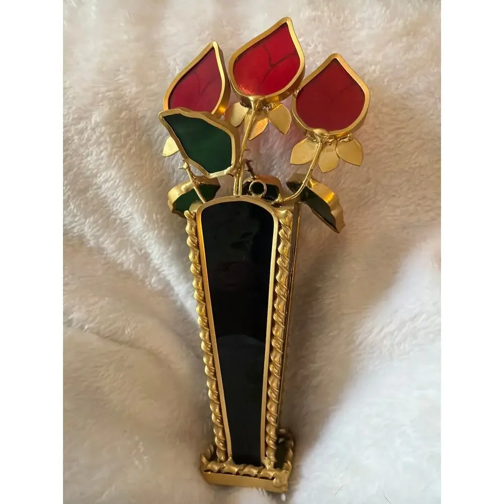 Rare Vintage Stained Glass Style Red Tulip Flower Vase Gold Tone Decor